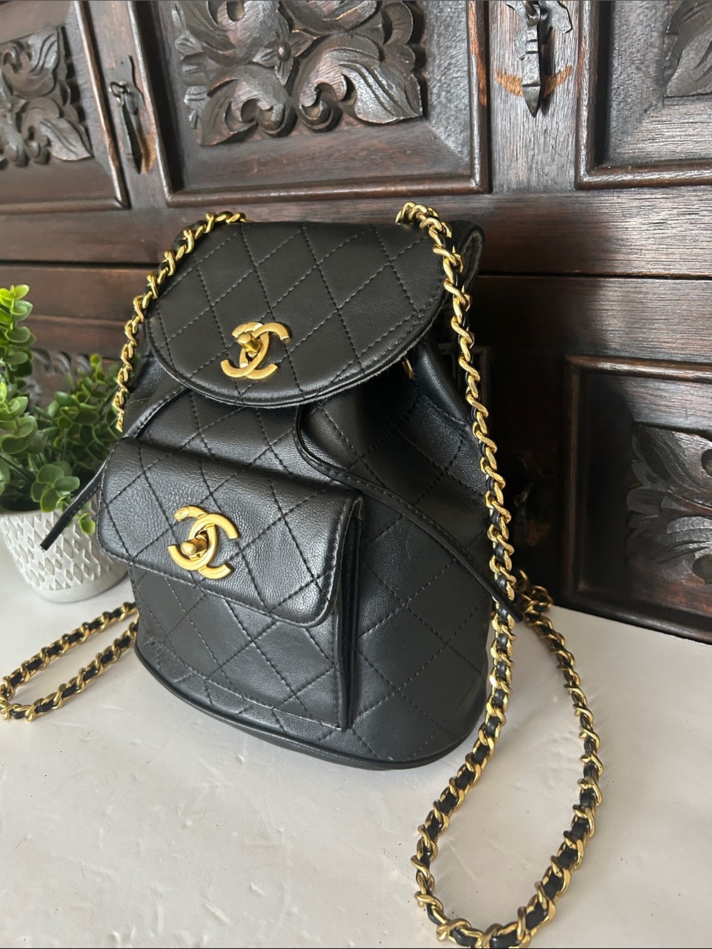 Beautiful Black Quilted Leather Backpack with Gold CC Hardware